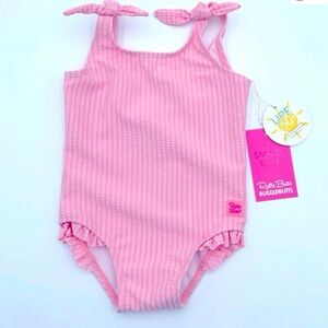 Ruffle Butts Pink Seersucker Faux Tie Shoulder One Piece Swimsuit Bathing Suit